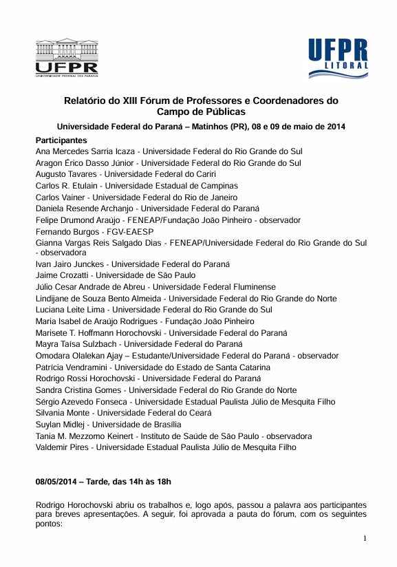 Relatório do XIII Fórum de Professores e Coordenadores do Campo de Públicas